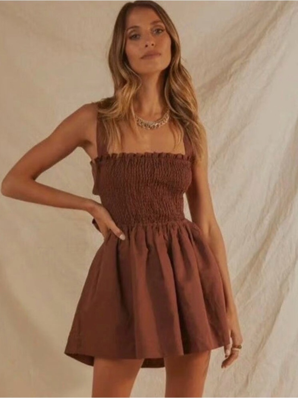 Peppermayo Brown Smocked Square-Neck Mini Dress